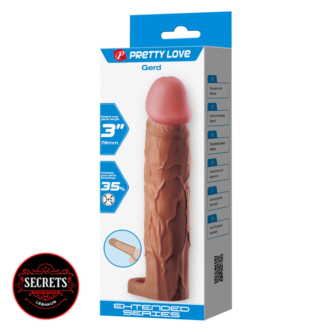 Gerd Realistic TPR Extension Sleeve in brown shown in retail packaging