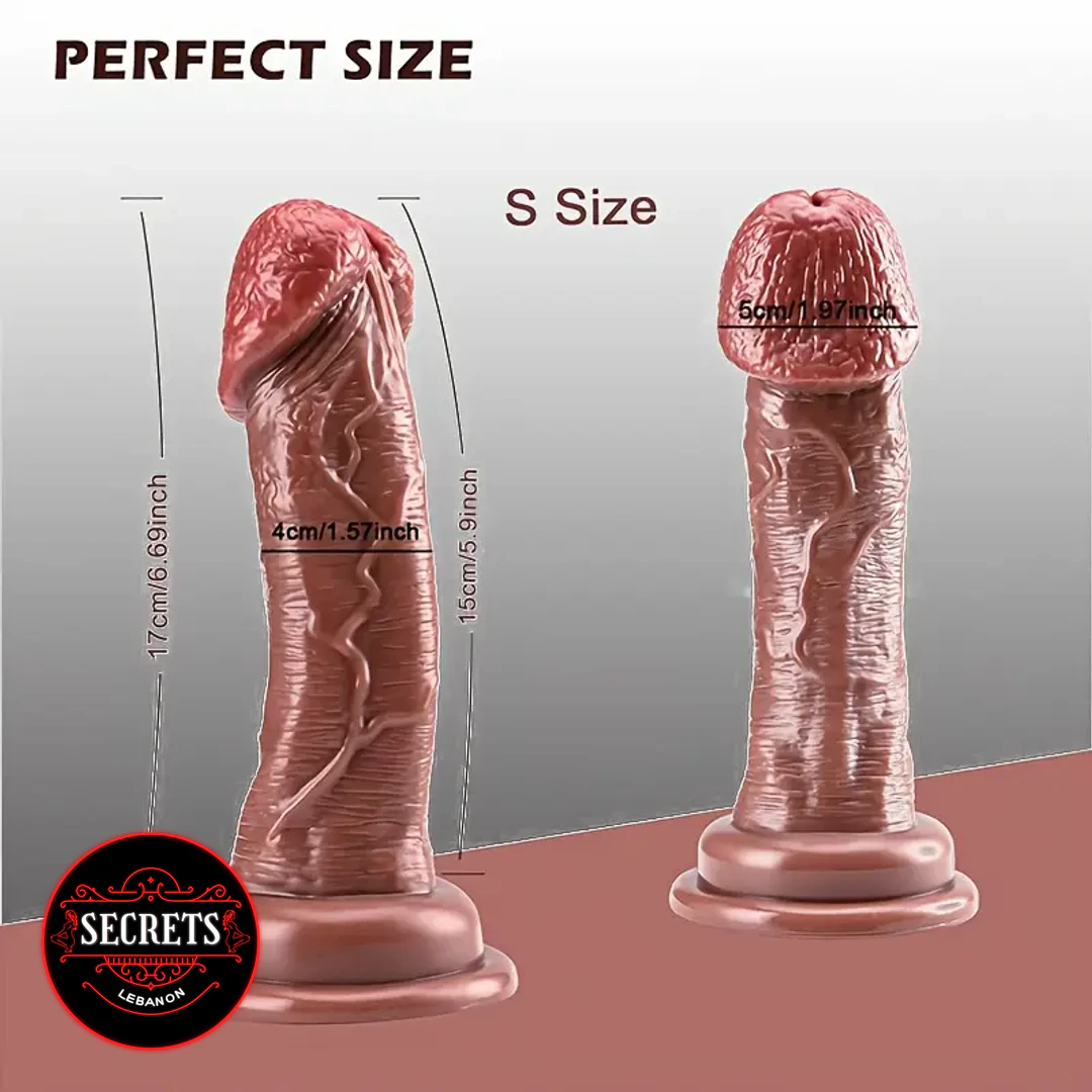 Girthy Veined Realistic Dildo shown in two sizes with measurement annotations
