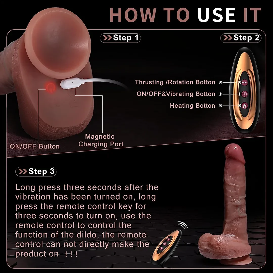 Heaven Dildo 4 In 1 three-step usage guide with remote control diagram