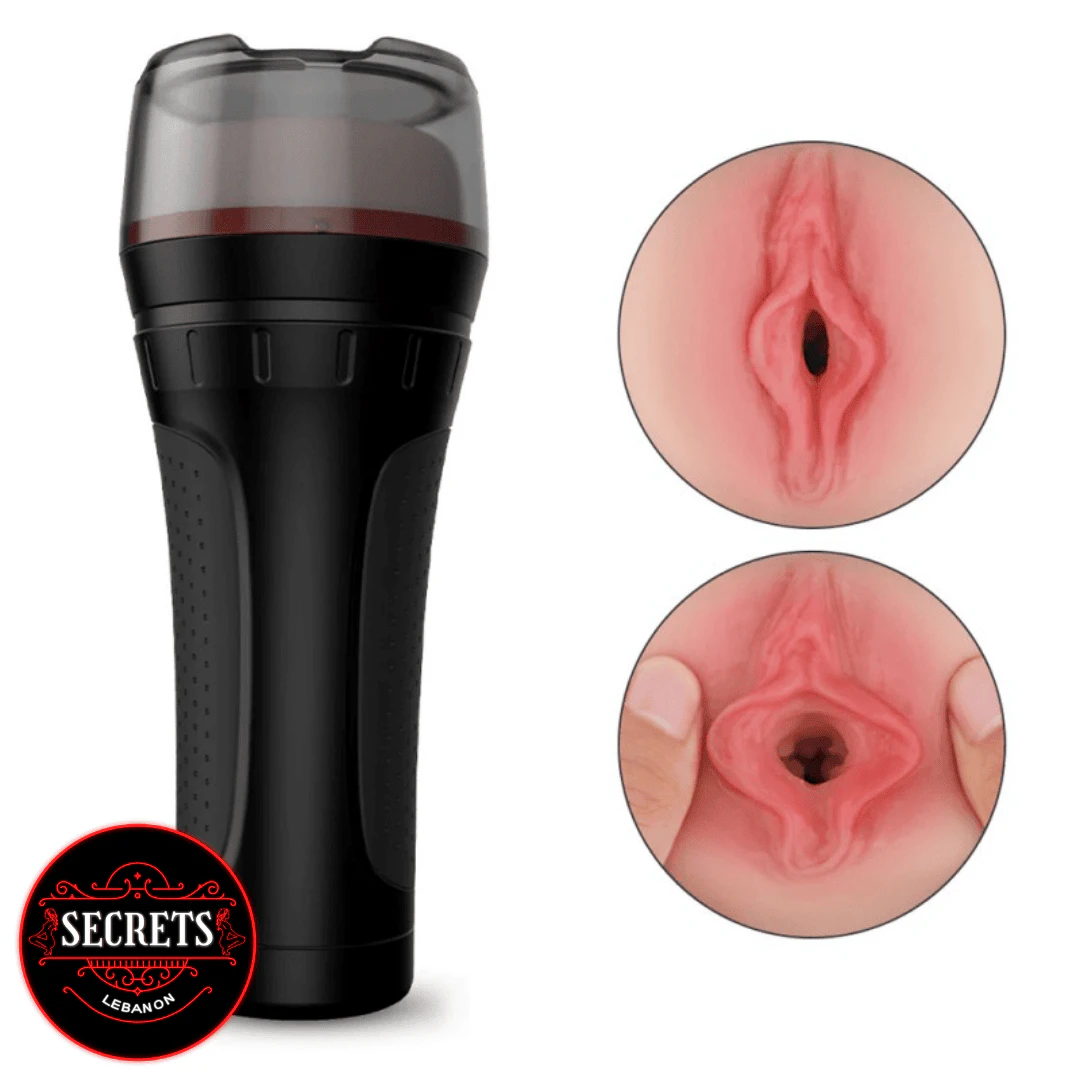 Remote Control Realistic Stroker Cup black device with realistic pink opening close-ups