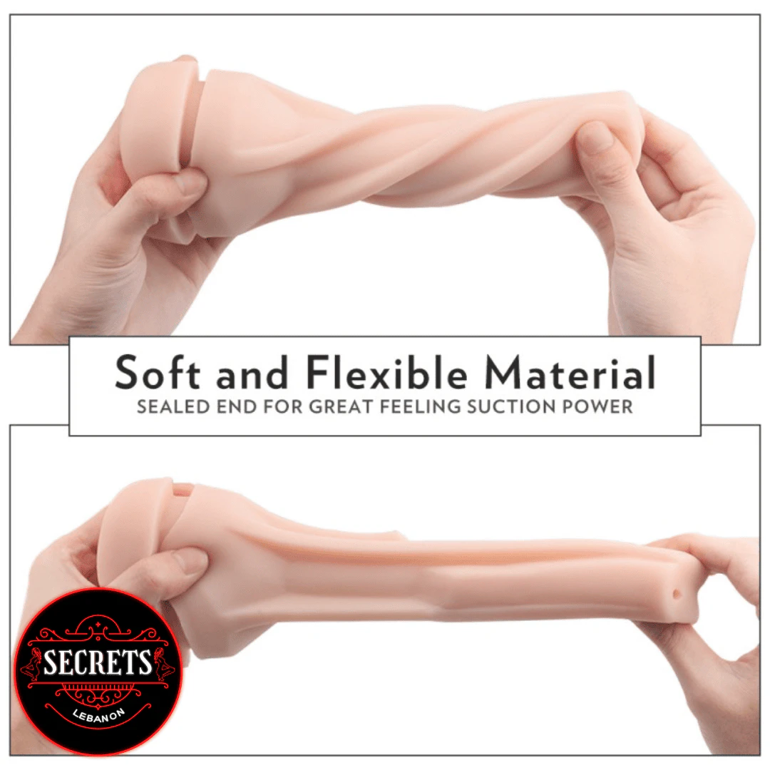 Remote Control Realistic Stroker Cup twisted and stretched showing soft flexible skin-tone material