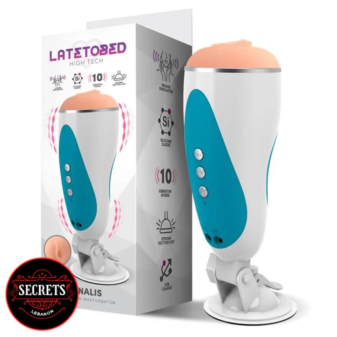 Onalis High Tech Moaning Masturbator in white and teal beside retail box