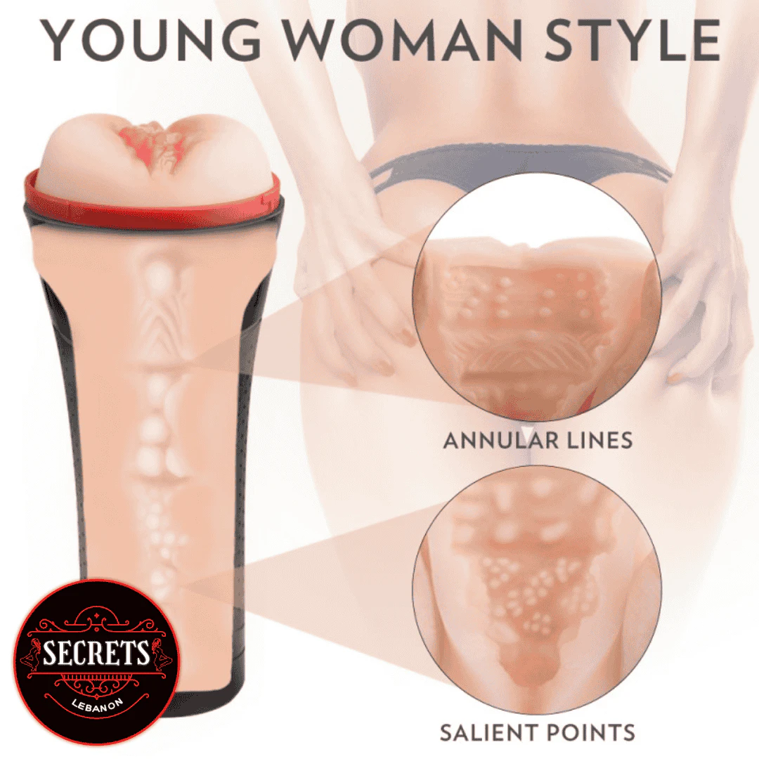 Remote Control Realistic Stroker Cup with vaginal opening, beige tone, textured interior