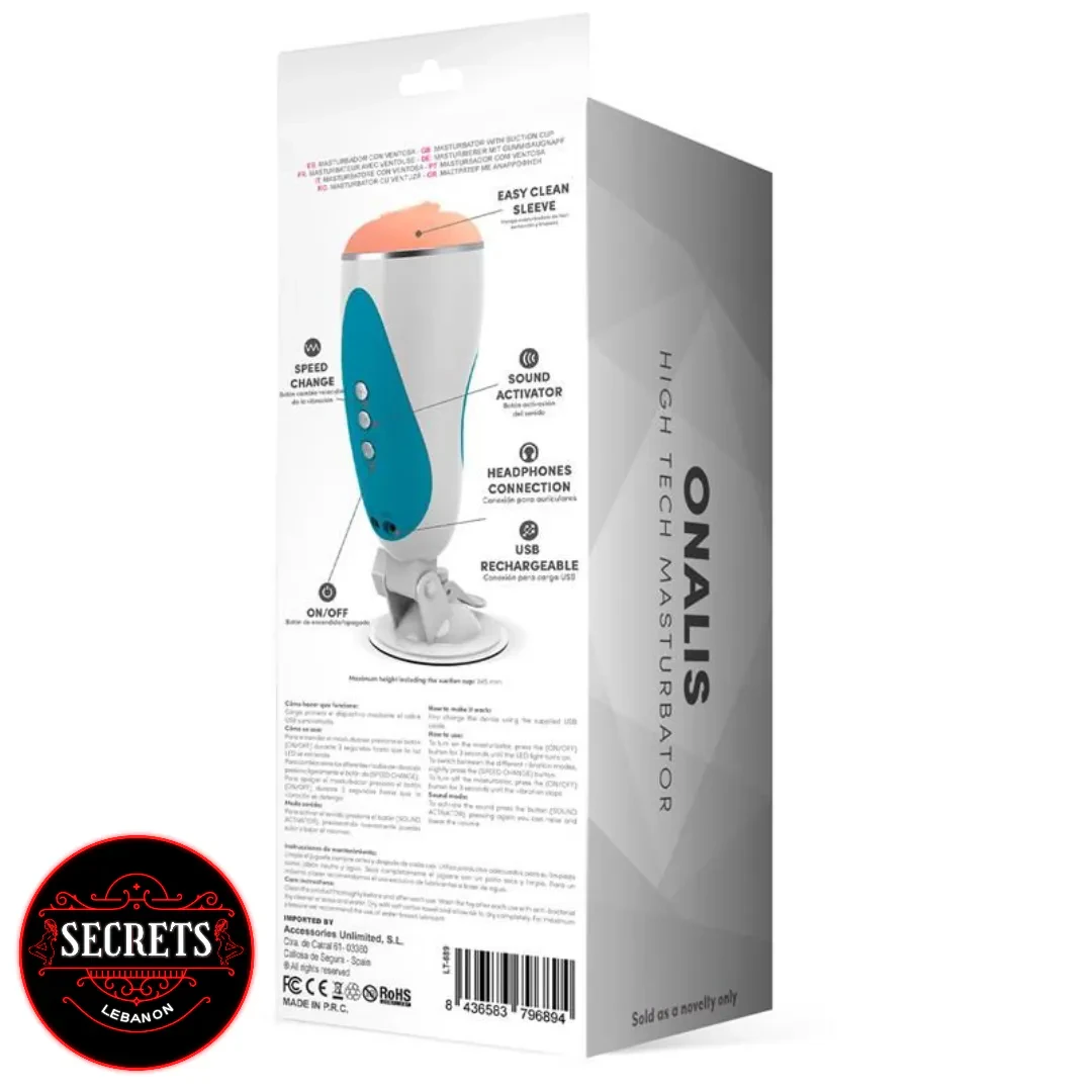 Onalis High Tech Moaning Masturbator back-of-box packaging showing teal and white device