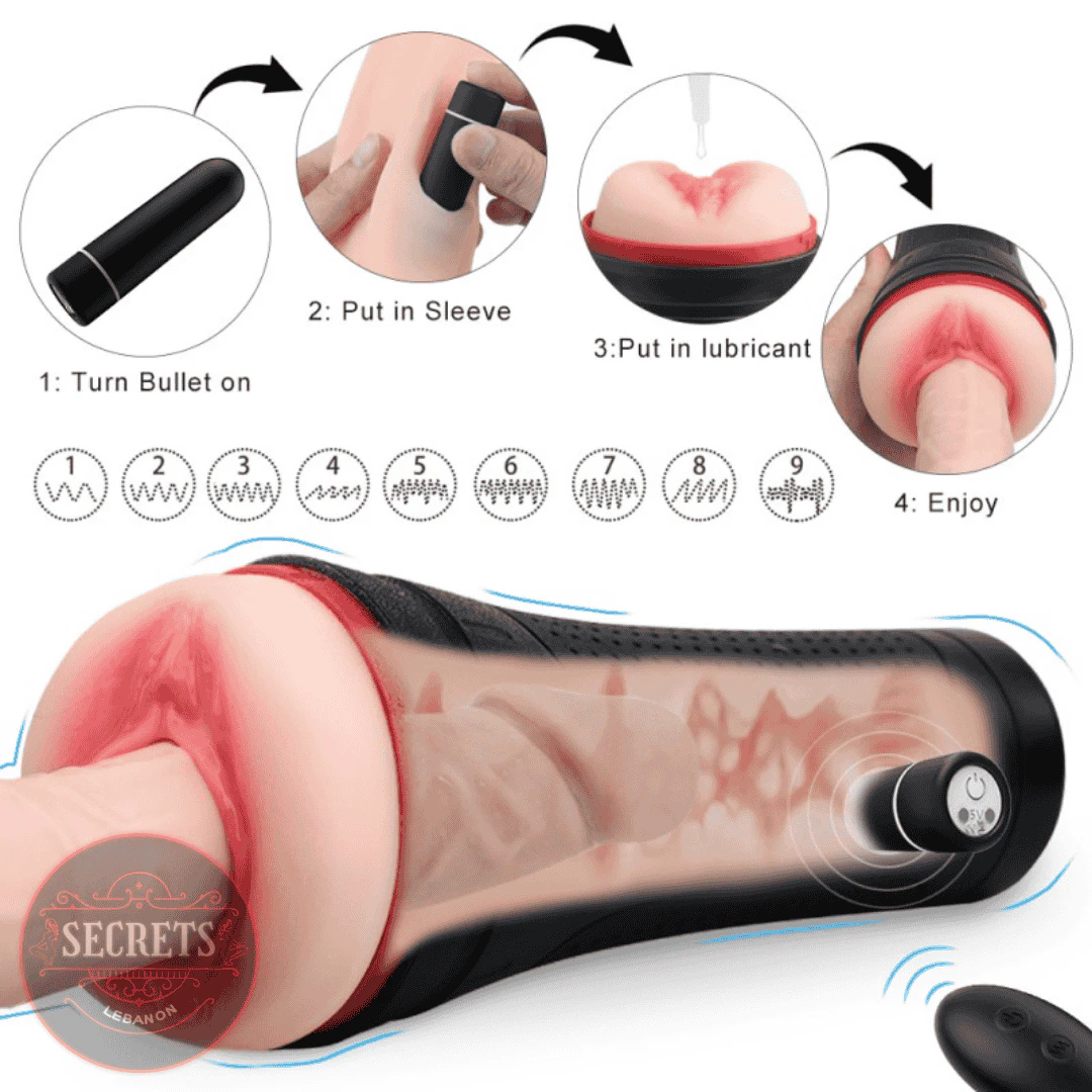 Remote Control Realistic Stroker Cup with bullet vibrator, transparent sleeve, and remote