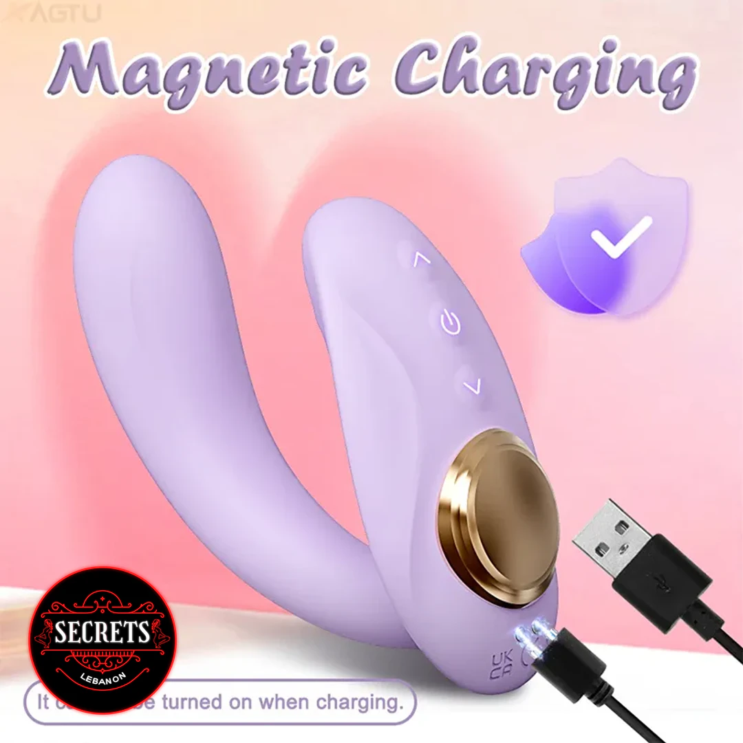 App Controlled Strapless Strap On Vibrator in lilac with gold magnetic charging port