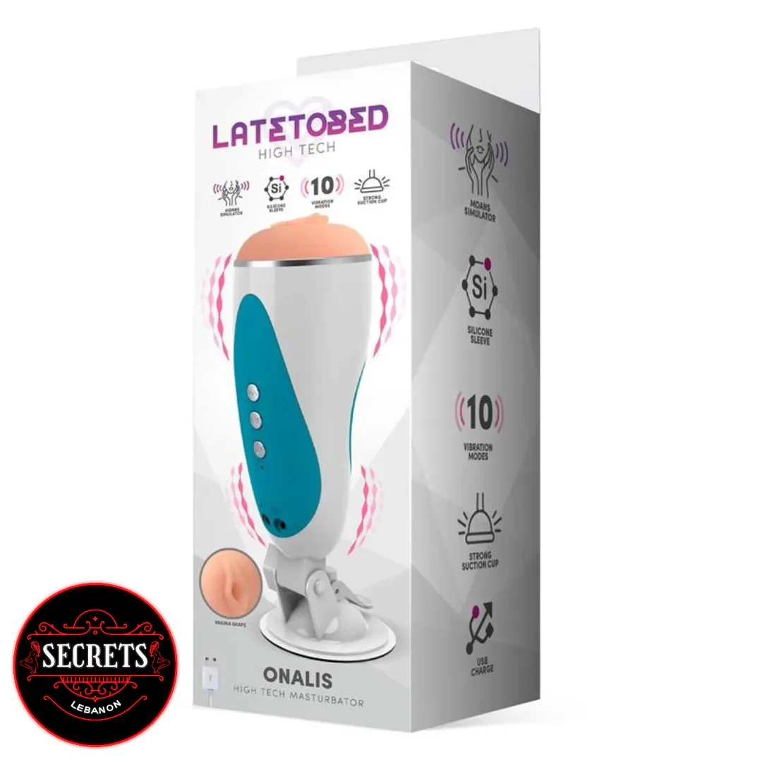 Onalis High Tech Moaning Masturbator retail box showing white and teal device