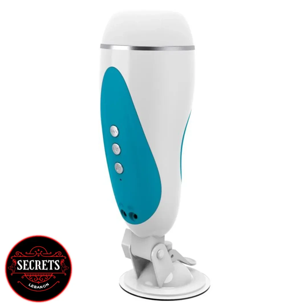 Onalis High Tech Moaning Masturbator white teal side view on suction stand
