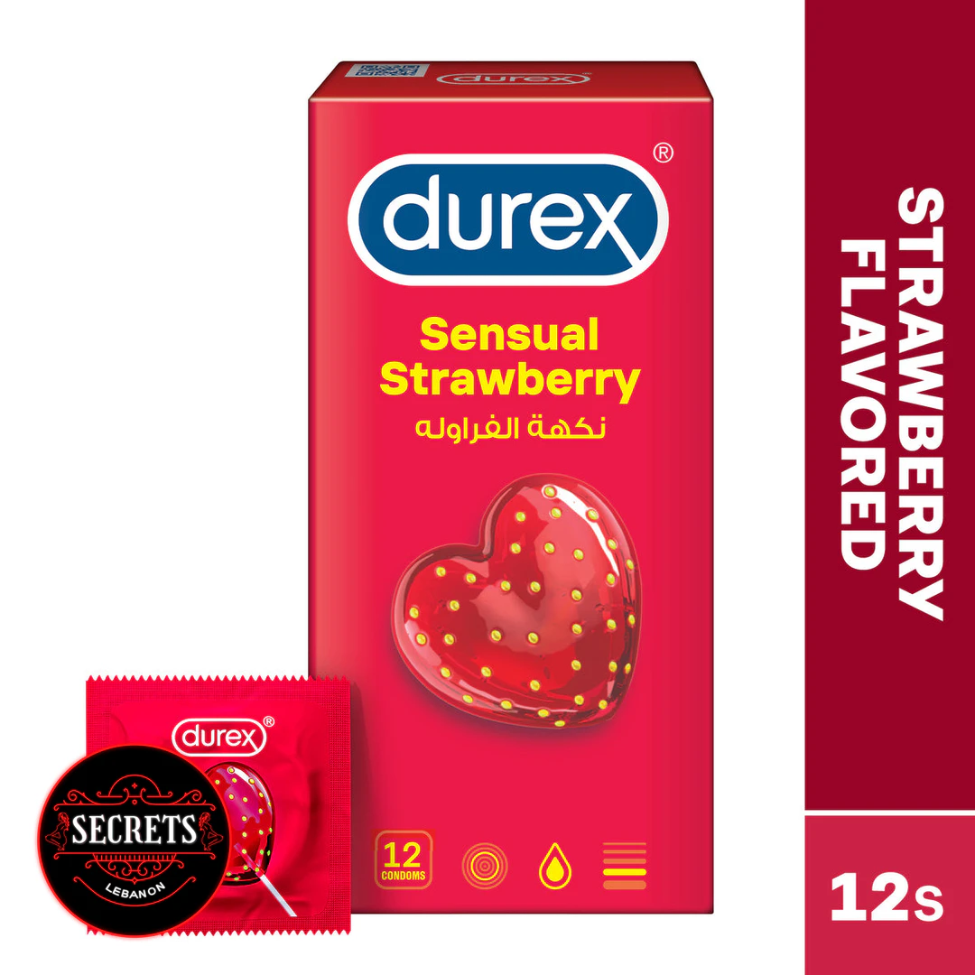 Durex Sensual Strawberry Condoms red box of 12 with heart graphic