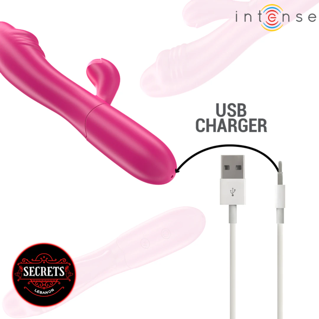 Intense Dual Stimulation Rabbit Vibrator in pink with USB charging cable shown