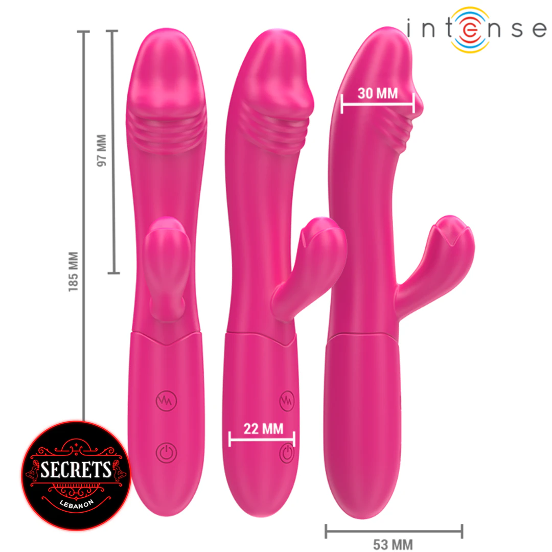 Intense Dual Stimulation Rabbit Vibrator shown in three angles, pink silicone