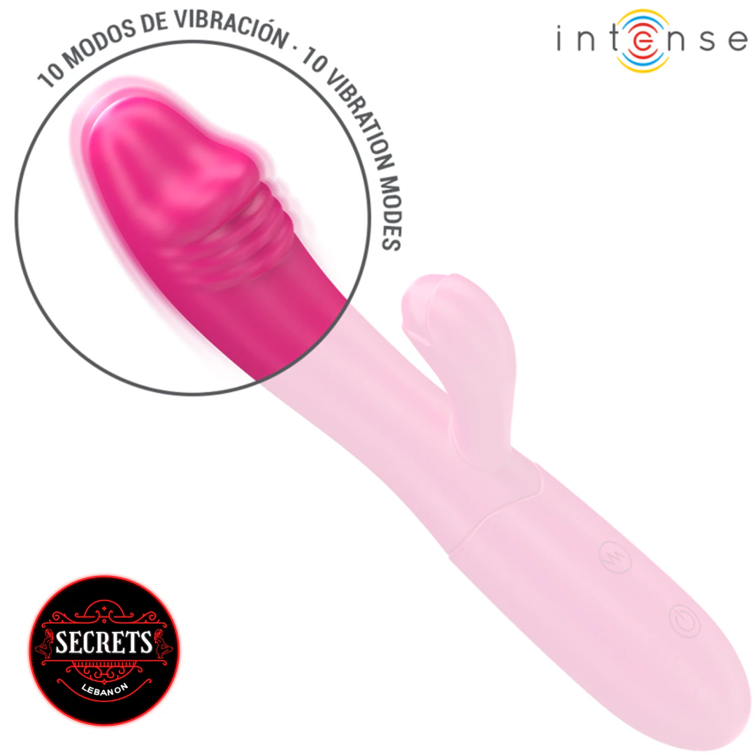 Intense Dual Stimulation Rabbit Vibrator in light pink with ribbed tip close-up