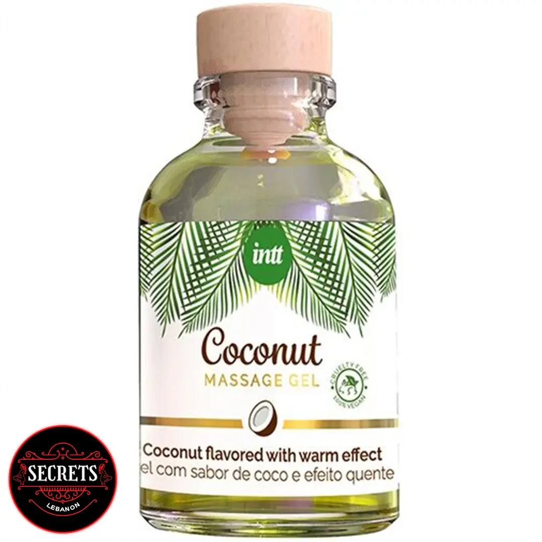 Intt Coconut Warming Massage Gel 30ml in clear glass bottle with wooden cap