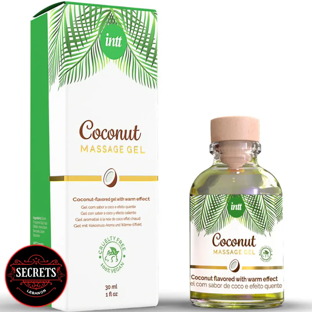 Intt Coconut Warming Massage Gel 30ml bottle and white tropical box