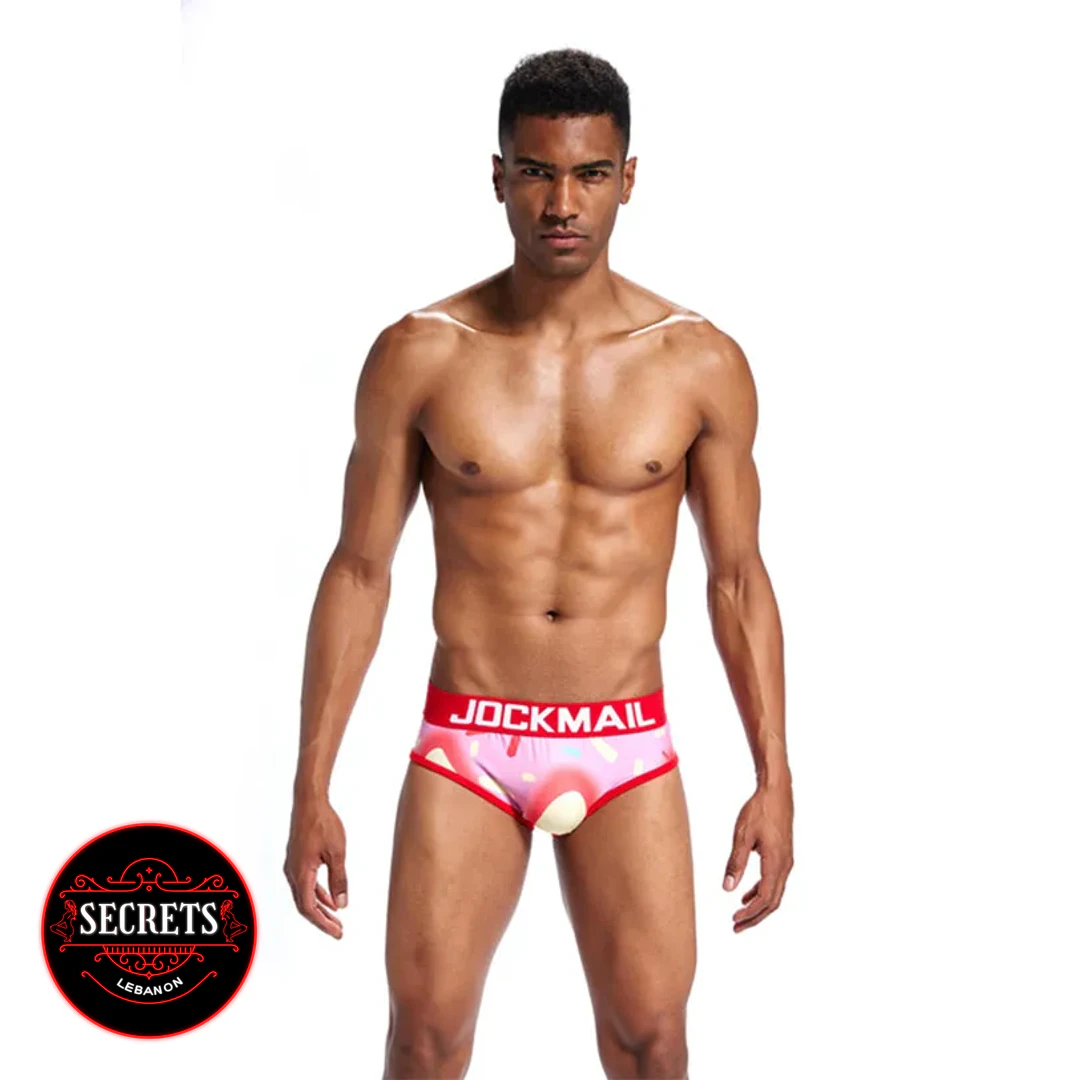 Jockmail Donut Print Men's Brief front view pink with red waistband