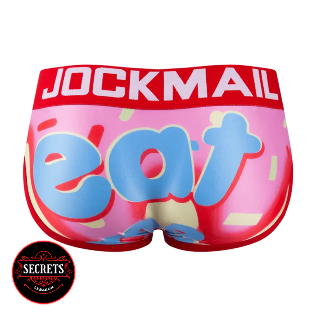 Jockmail Donut Print Men's Brief rear view pink with blue eat graphic