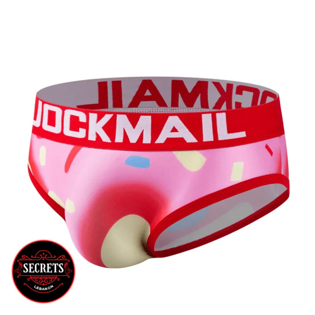 Jockmail Donut Print Men's Brief in pink with red waistband front view