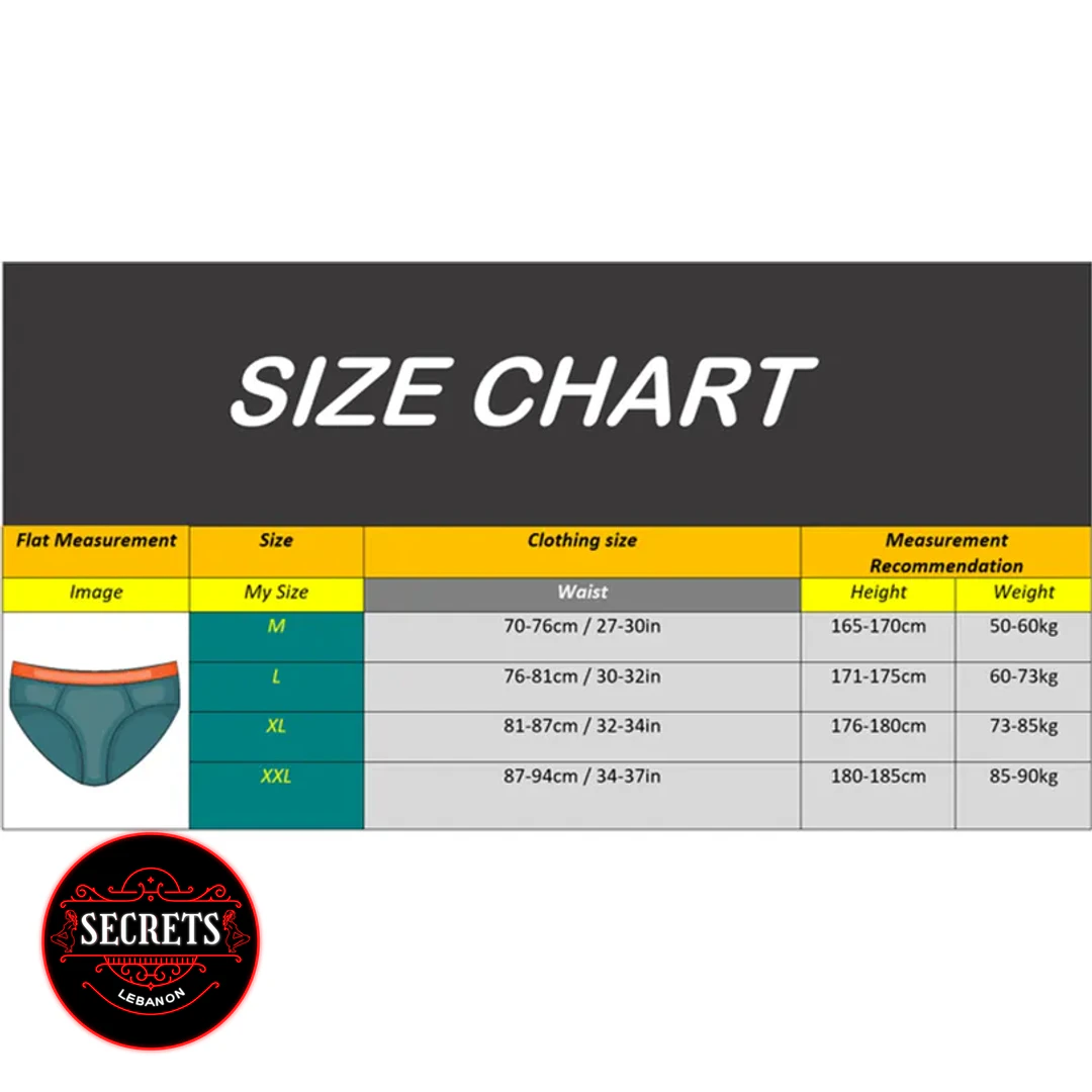 Jockmail Donut Print Men's Brief size chart showing M to XXL measurements
