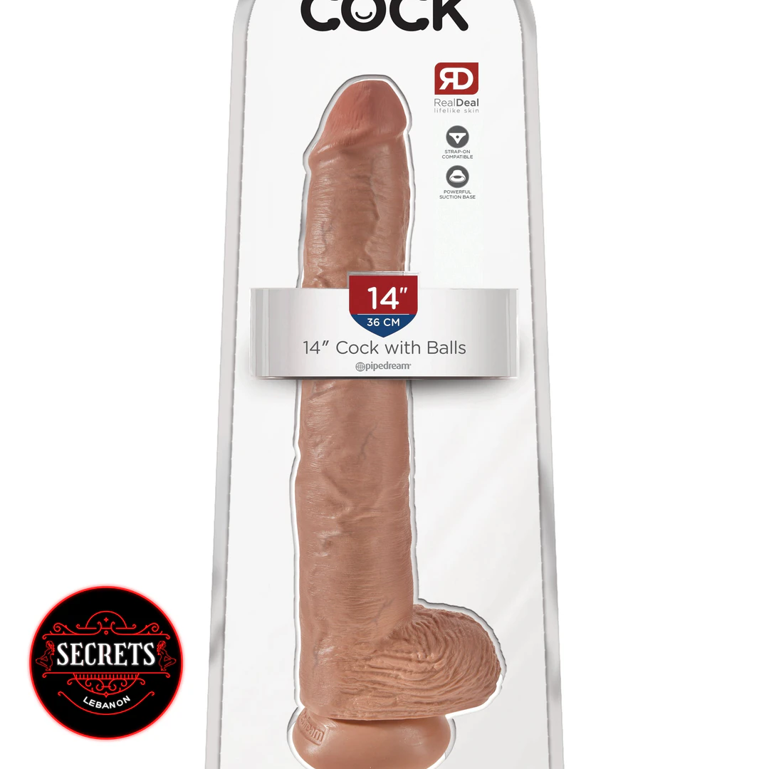 King Cock 14 Inch Realistic Dildo tan shown in retail packaging