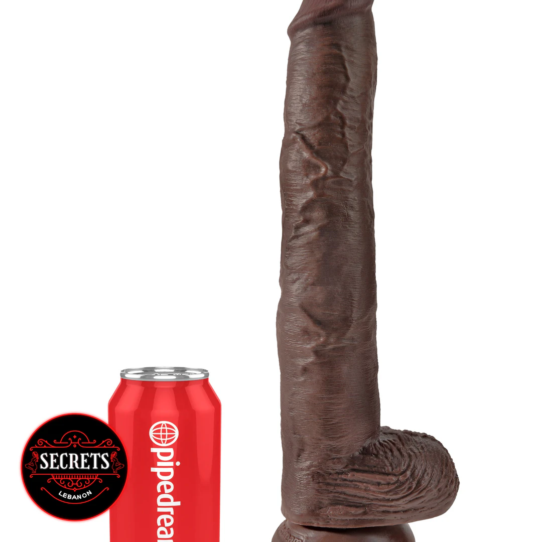 King Cock 14 Inch Realistic Dildo dark brown beside red soda can