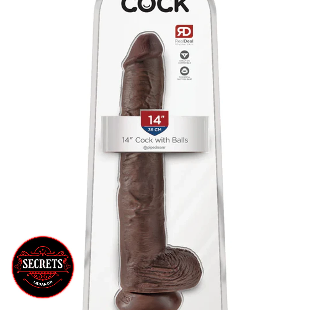 King Cock 14 Inch Realistic Dildo in dark brown retail packaging