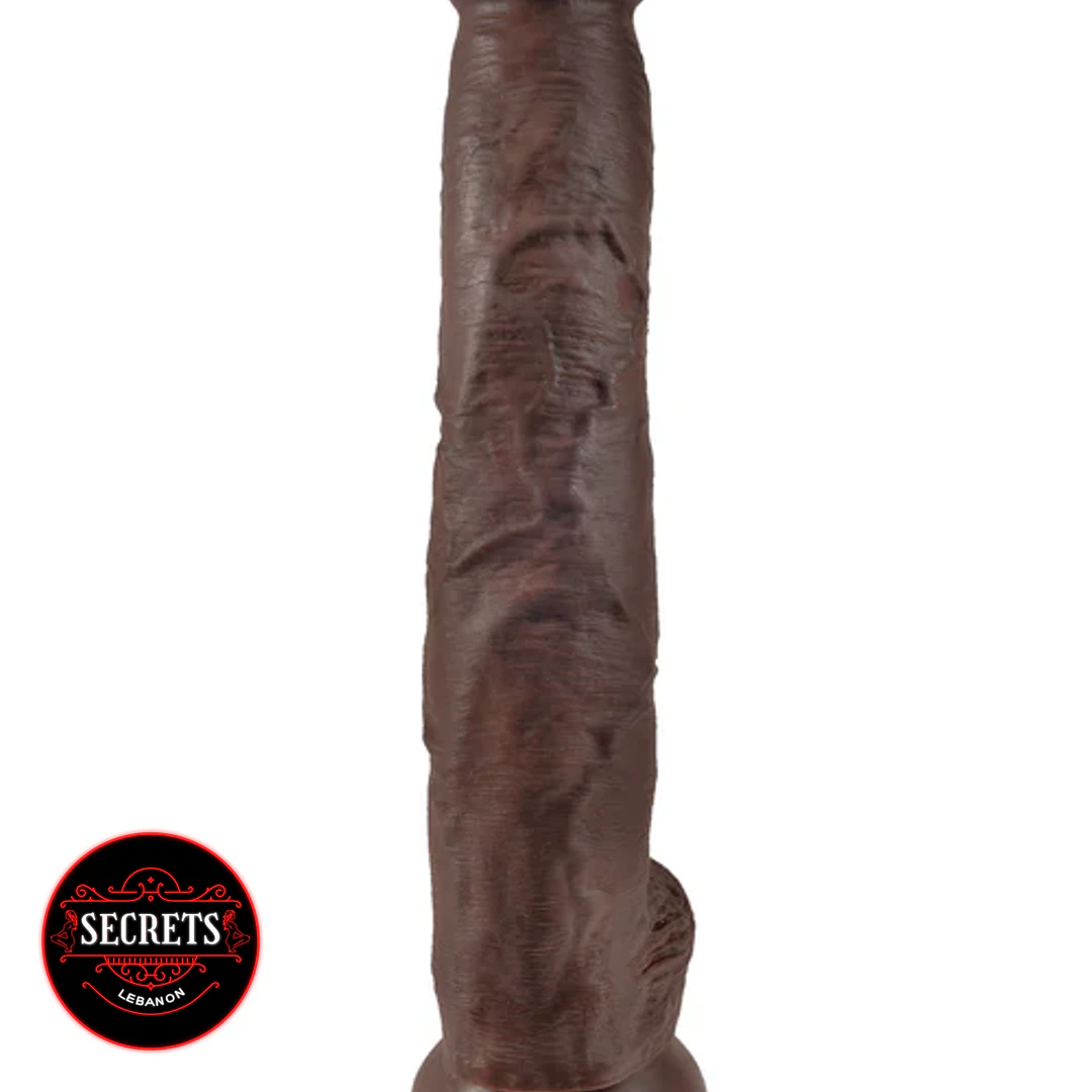 King Cock 14 Inch Realistic Dildo upright dark brown textured shaft front view