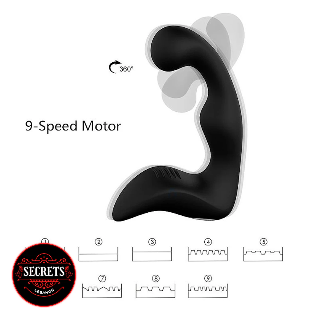 Landy Silicone Prostate Massager black curved design with 360-degree rotation diagram