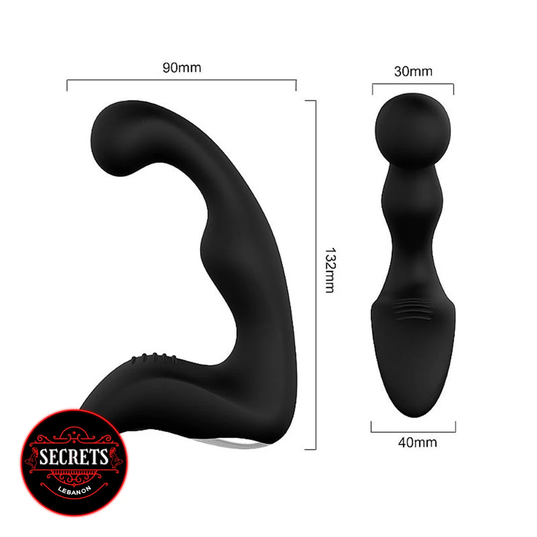 Landy Silicone Prostate Massager black with side and front view dimensions shown