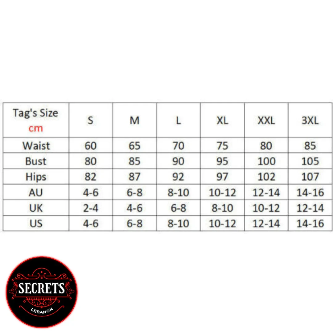 Latex Look Nurse Mini Dress size chart with AU UK US conversions