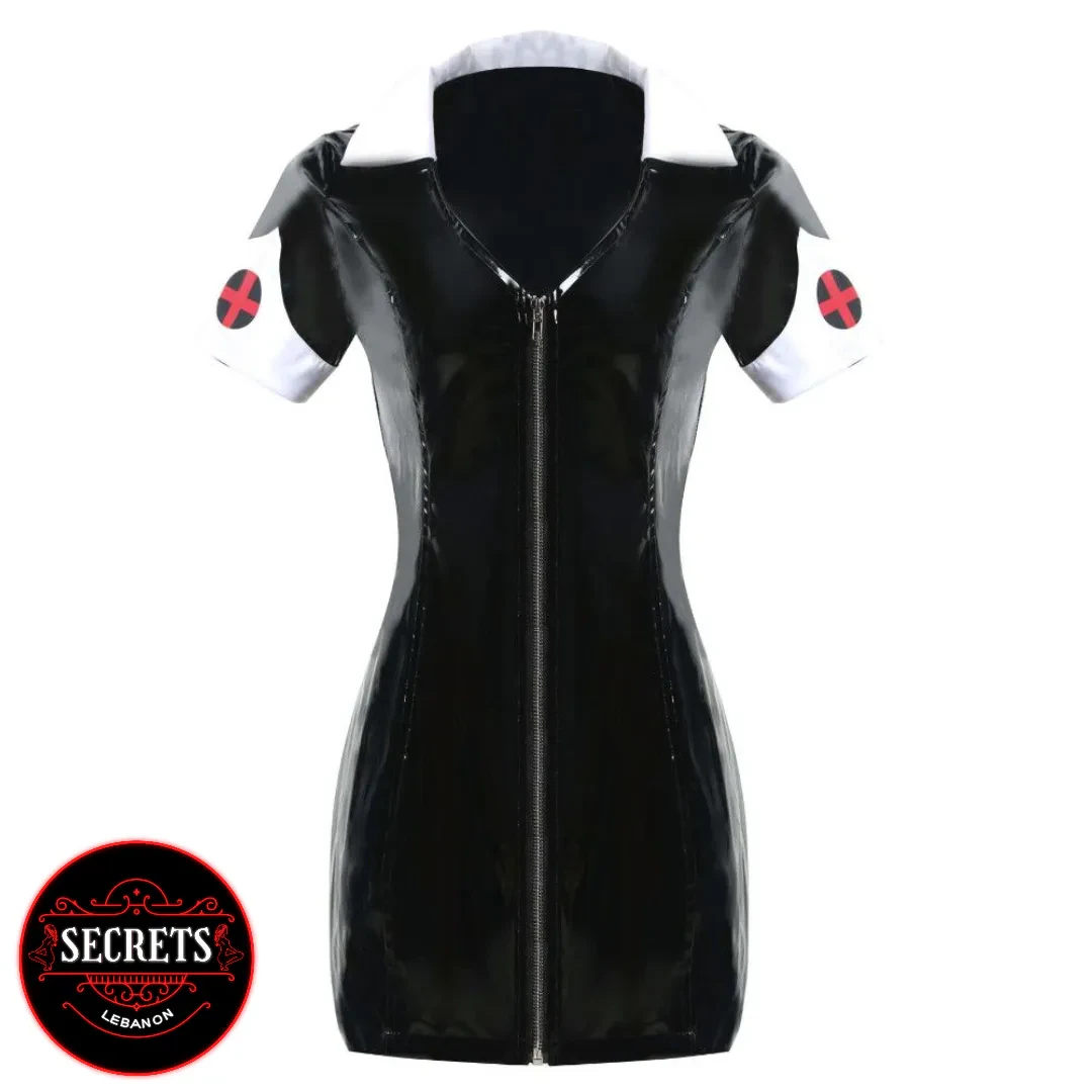 Latex Look Nurse Mini Dress front view black glossy zip-front white trim