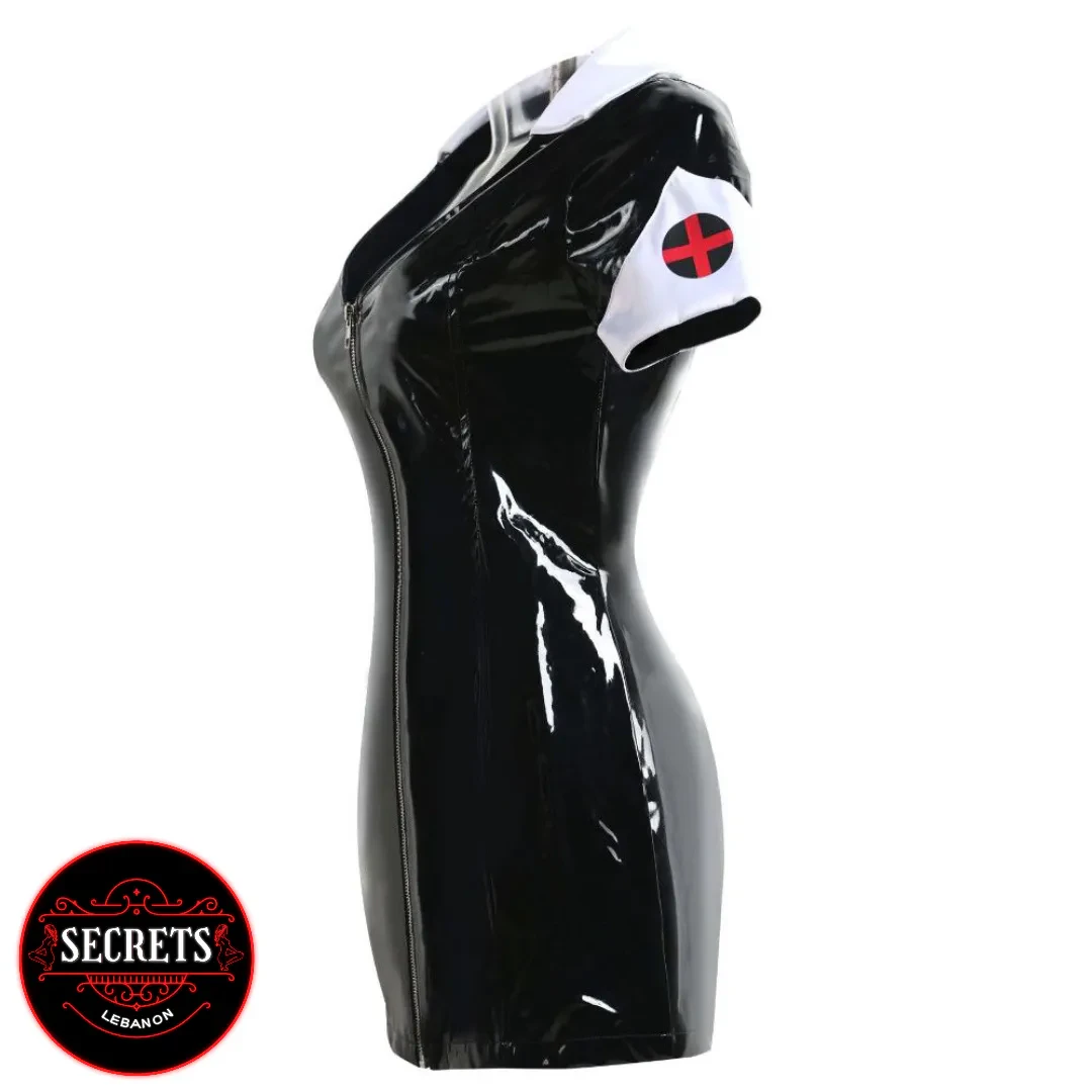 Latex Look Nurse Mini Dress side view glossy black zip-front white trim