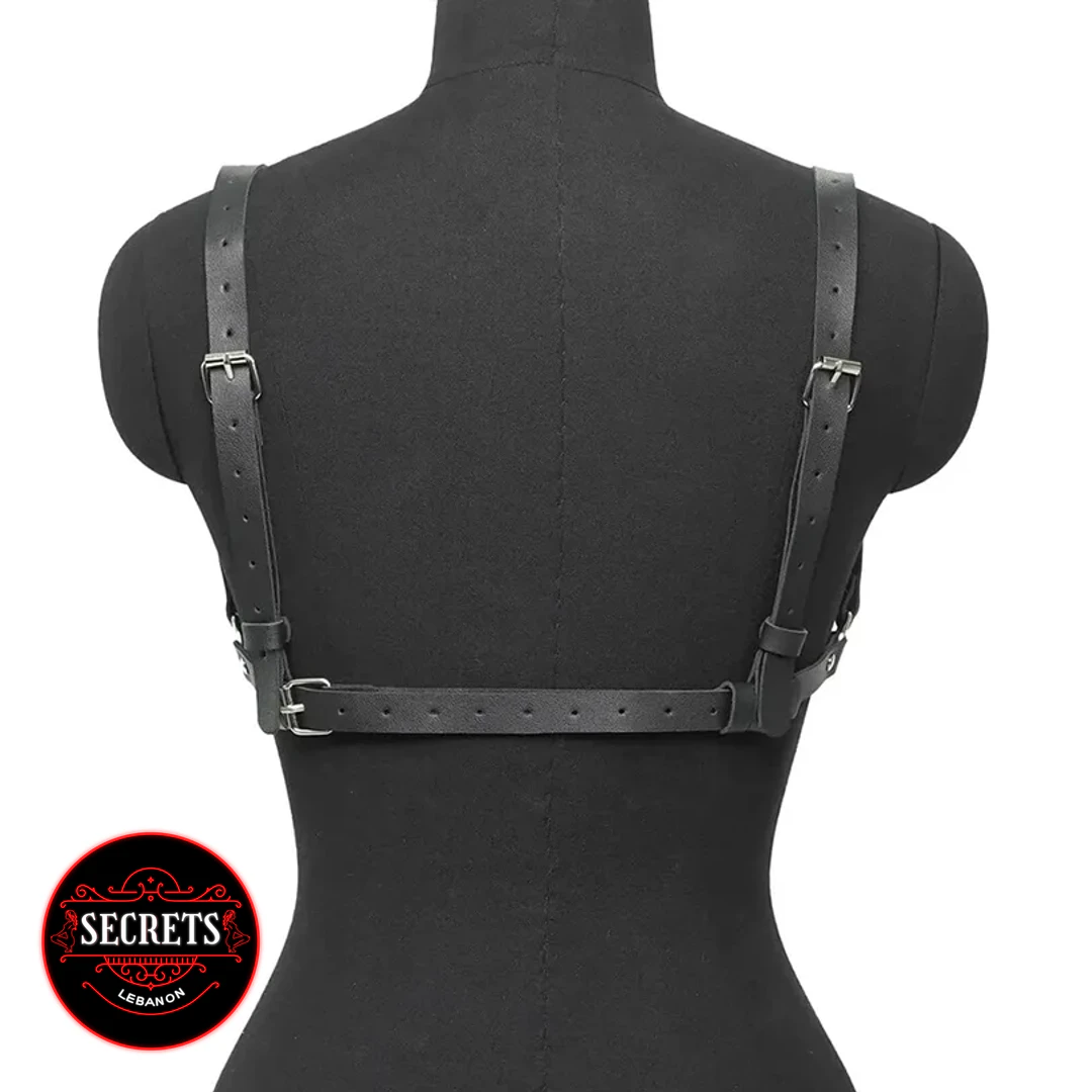 Leather Bra Cage Body Harness back view with silver adjustable buckles