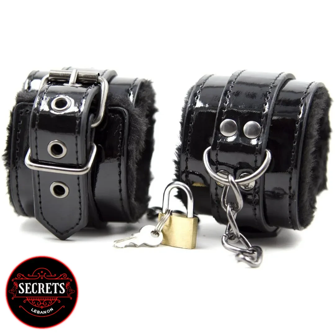 Locking Fur Wrist Restraints in black patent leather with chain and padlock