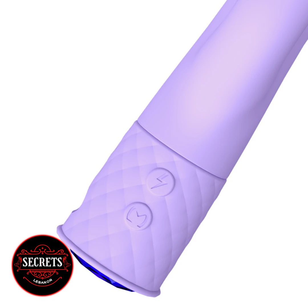 Lola Milani Mystique Rabbit Vibrator handle close-up with purple silicone control buttons