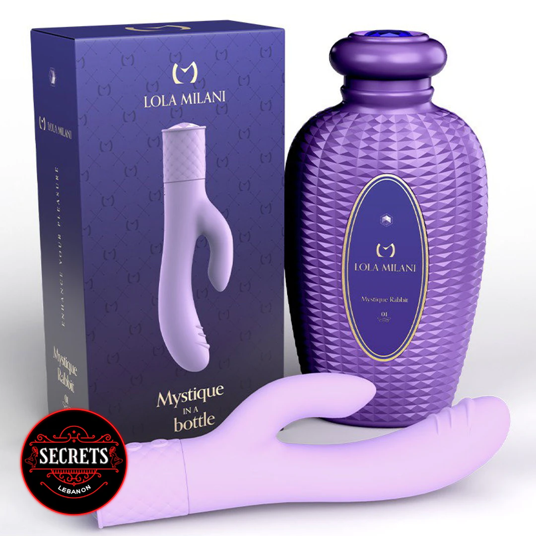 Lola Milani Mystique Rabbit Vibrator lilac silicone with purple bottle and box