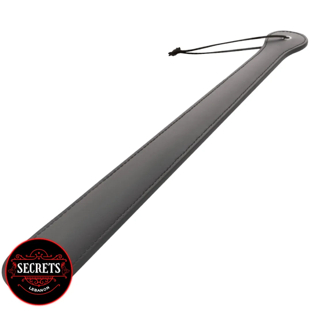 Long Faux Leather Spanking Paddle black with stitched edges and wrist loop