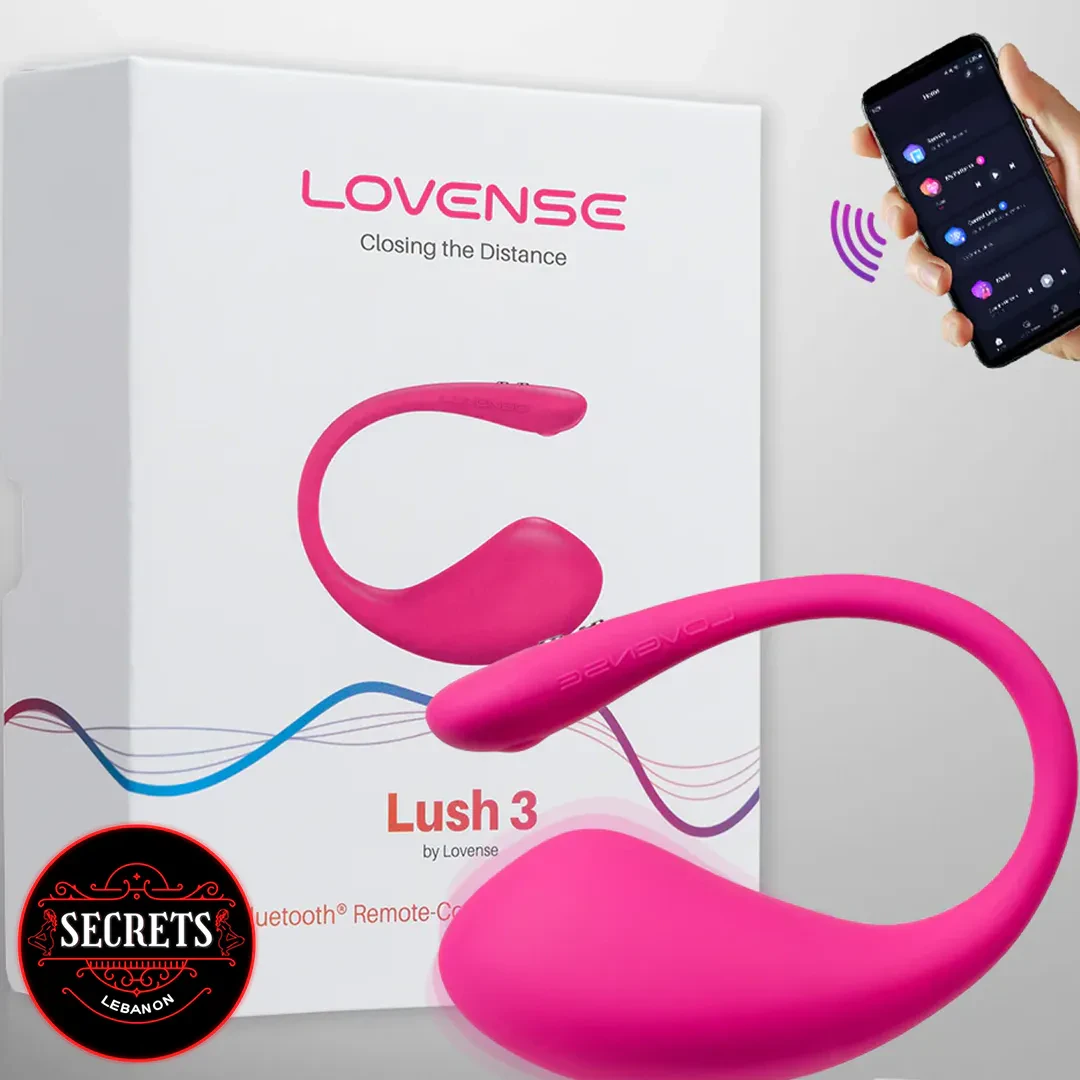 Lovense Lush 3 Vibrator in pink beside retail box and smartphone