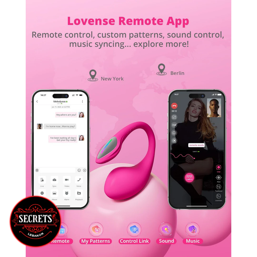 Lovense Lush 4 App Controlled Vibrator in pink with Lovense Remote App screens