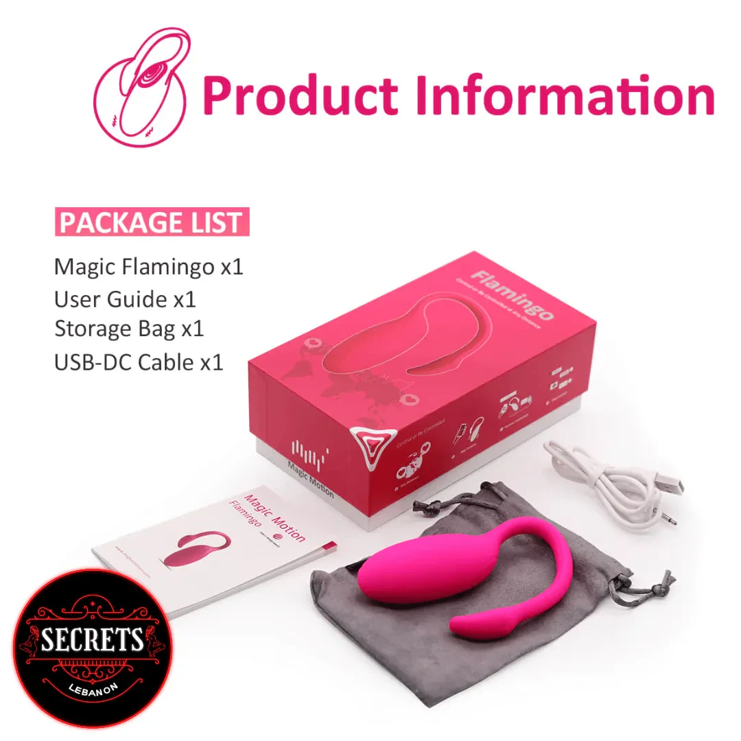 Magic Motion Flamingo 2.0 App Controlled Vibrator package contents on white background