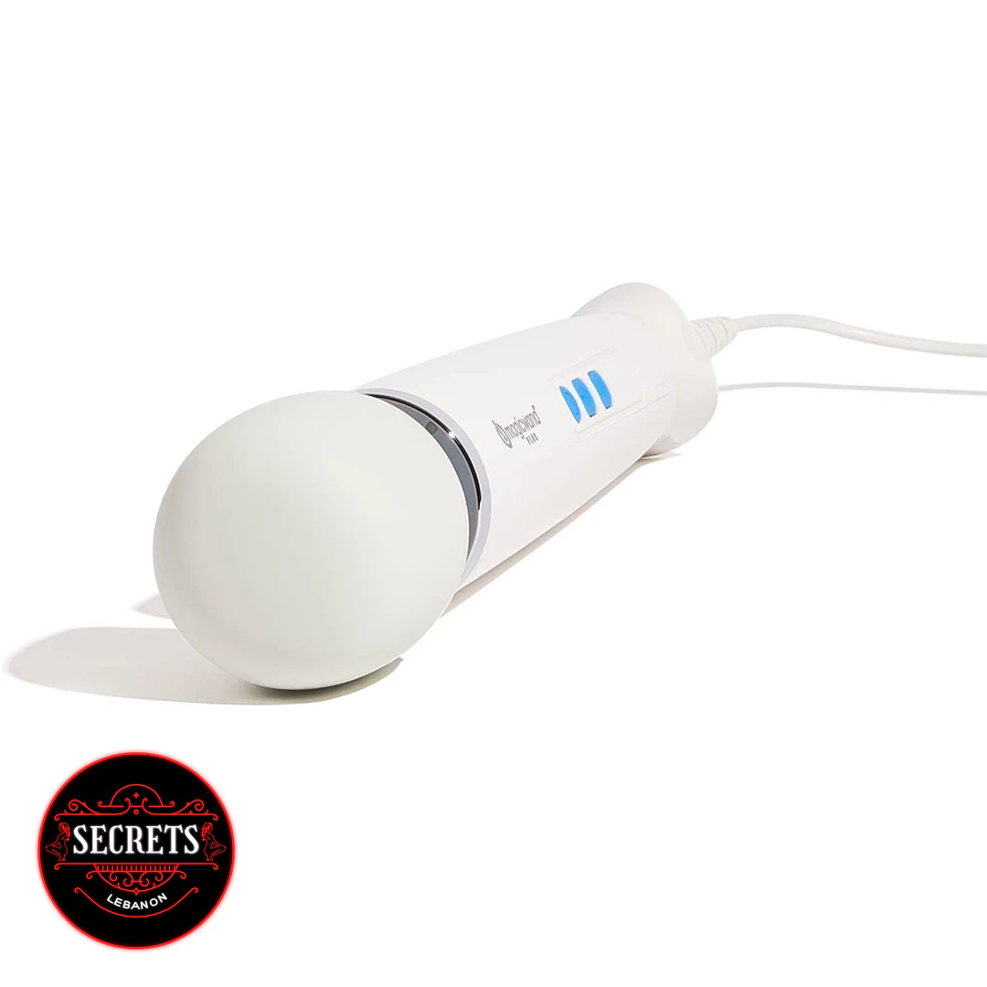 Magic Wand Plus Plug-In Vibrator lying on its side, white with blue controls
