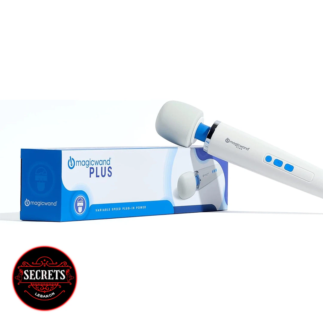 Magic Wand Plus Plug-In Vibrator white and blue beside its retail box