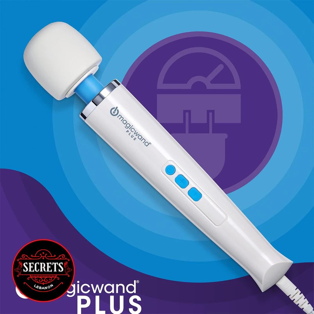 Magic Wand Plus Plug-In Vibrator shown diagonally in white and blue