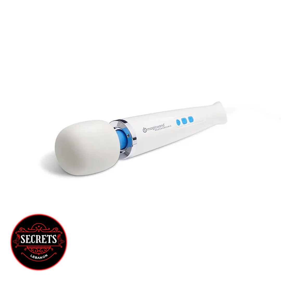 Magic Wand Rechargeable Vibrator in white with blue control buttons