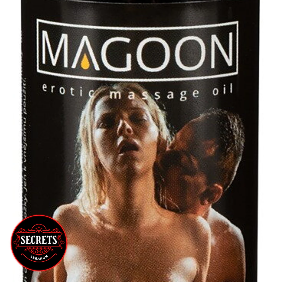 Magoon Erotic Massage Oil dark bottle label featuring intimate couple imagery