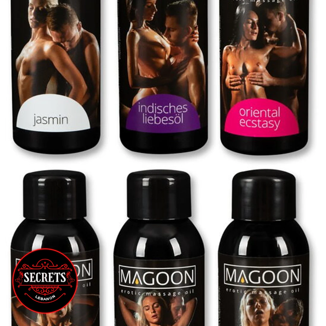 Magoon Erotic Massage Oil six black bottles in Jasmin and Oriental Ecstasy variants