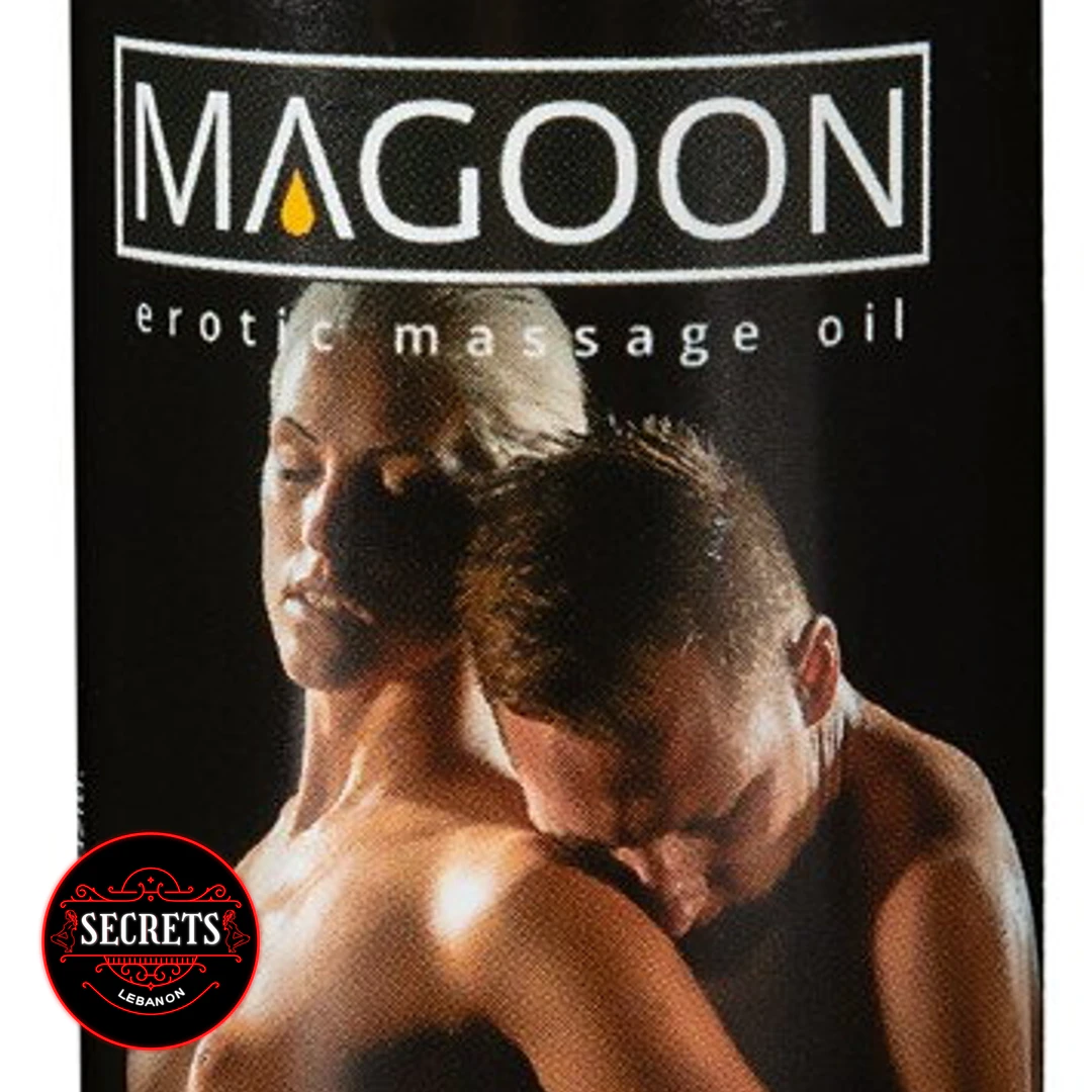 Magoon Erotic Massage Oil black bottle label featuring an intimate couple embrace