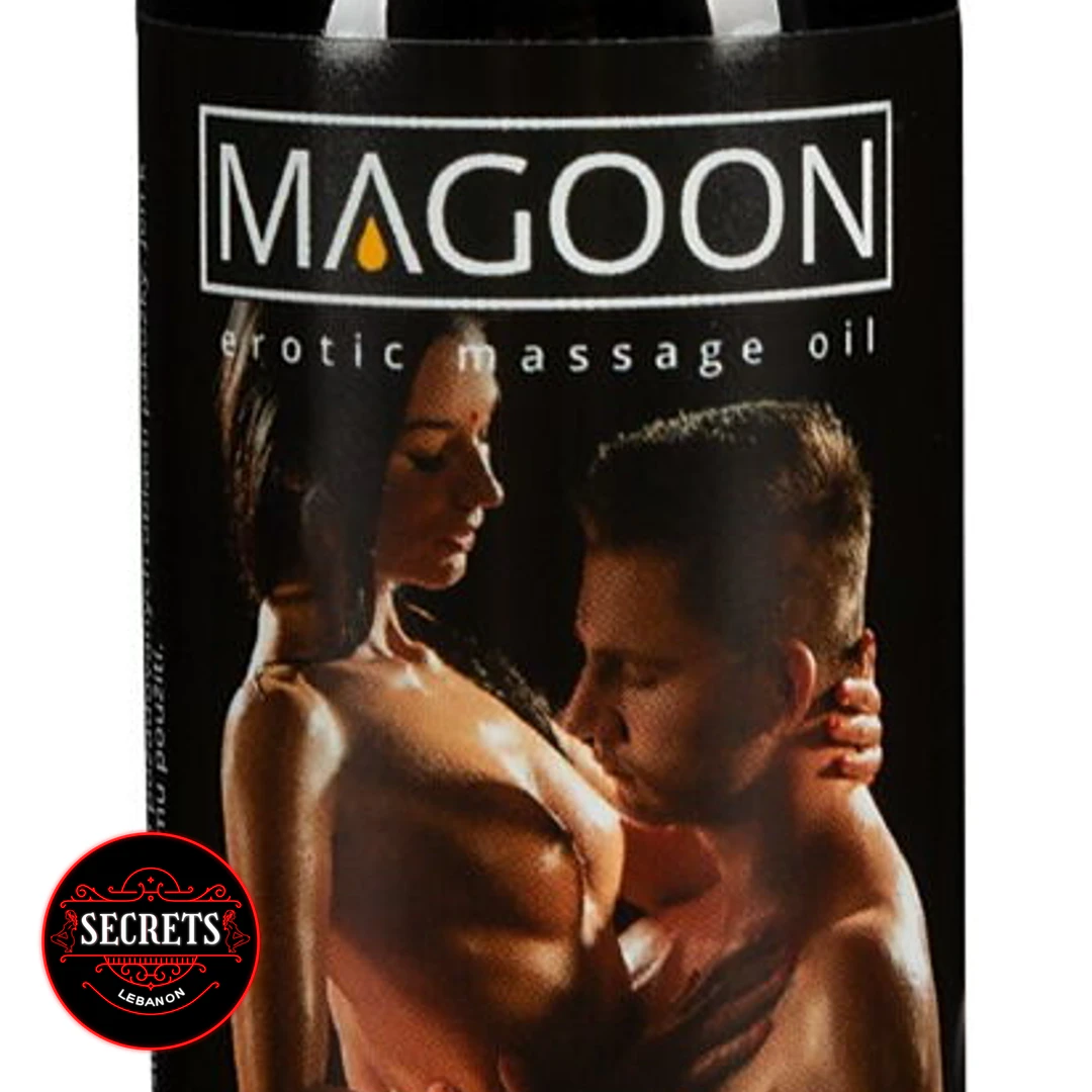 Magoon Erotic Massage Oil black bottle with couple embrace label artwork