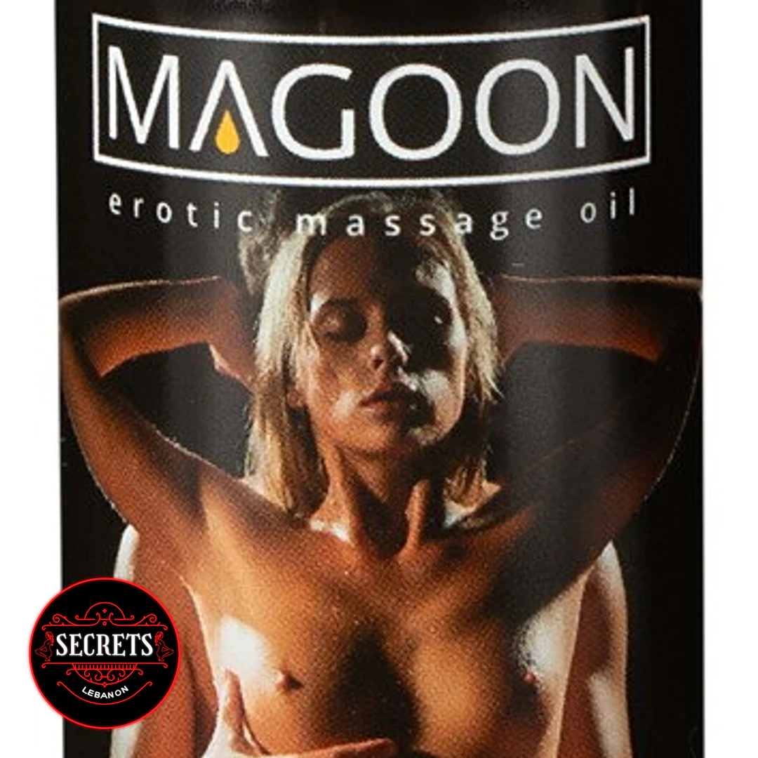 Magoon Erotic Massage Oil dark bottle label featuring sensual model imagery