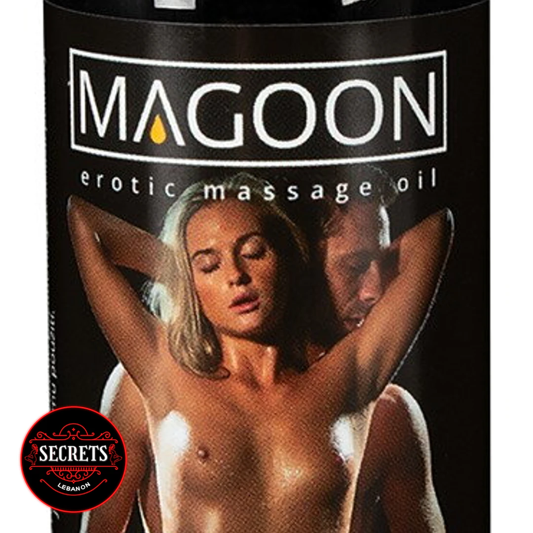 Magoon Erotic Massage Oil black bottle front label with couple imagery