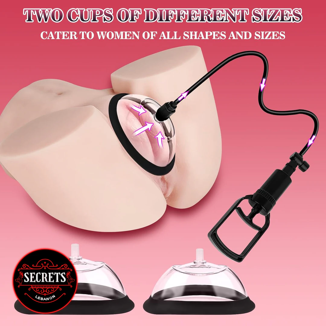 Manual Pussy Pump Kit with two clear cups and black hand pump